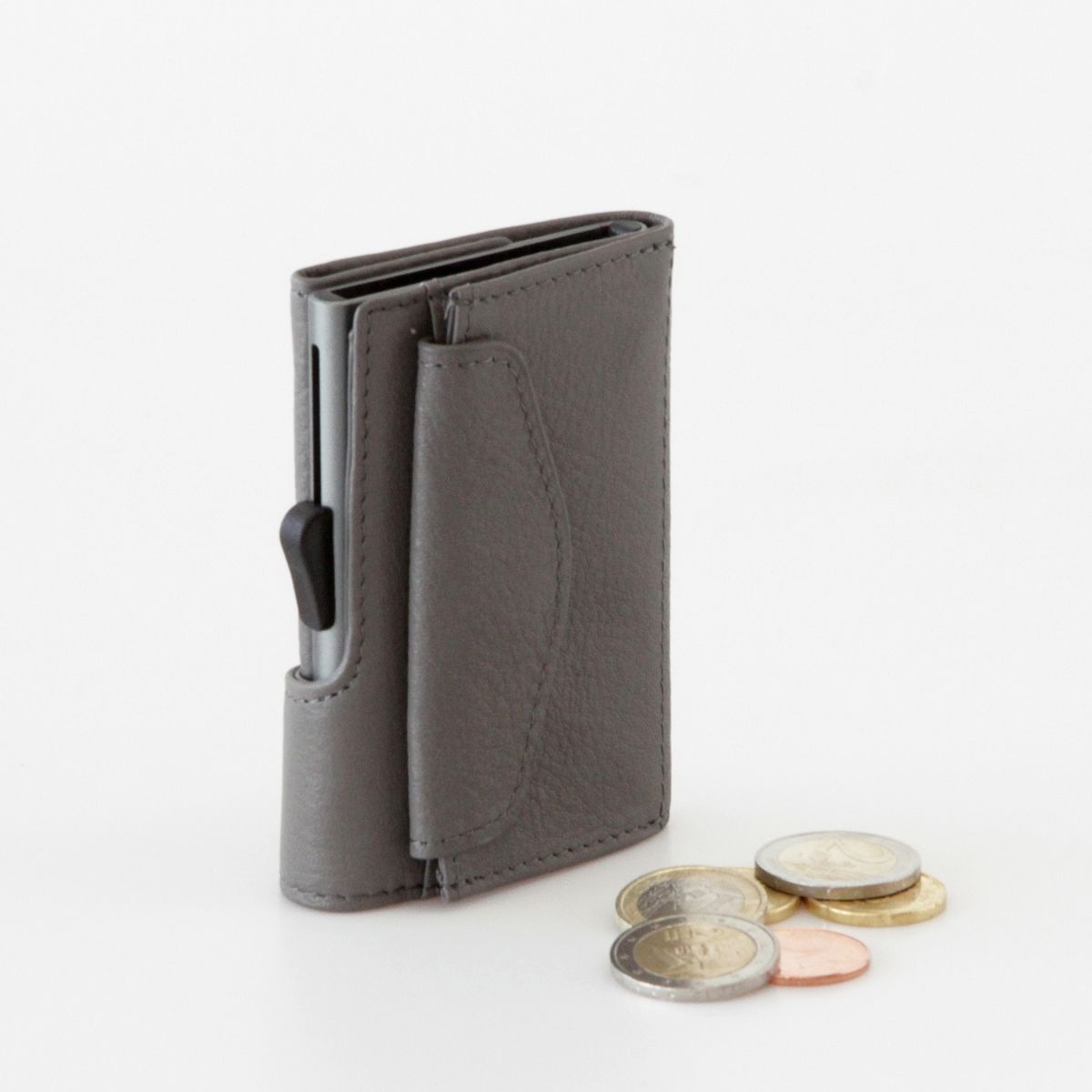C-Secure Aluminum Card Holder with Genuine Leather and Coin Pouch - Grey